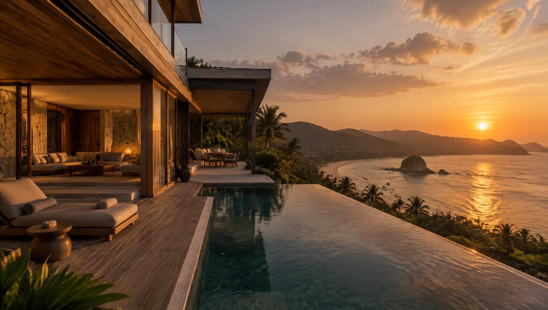 Modern tropical residence overlooking the bay at sunset